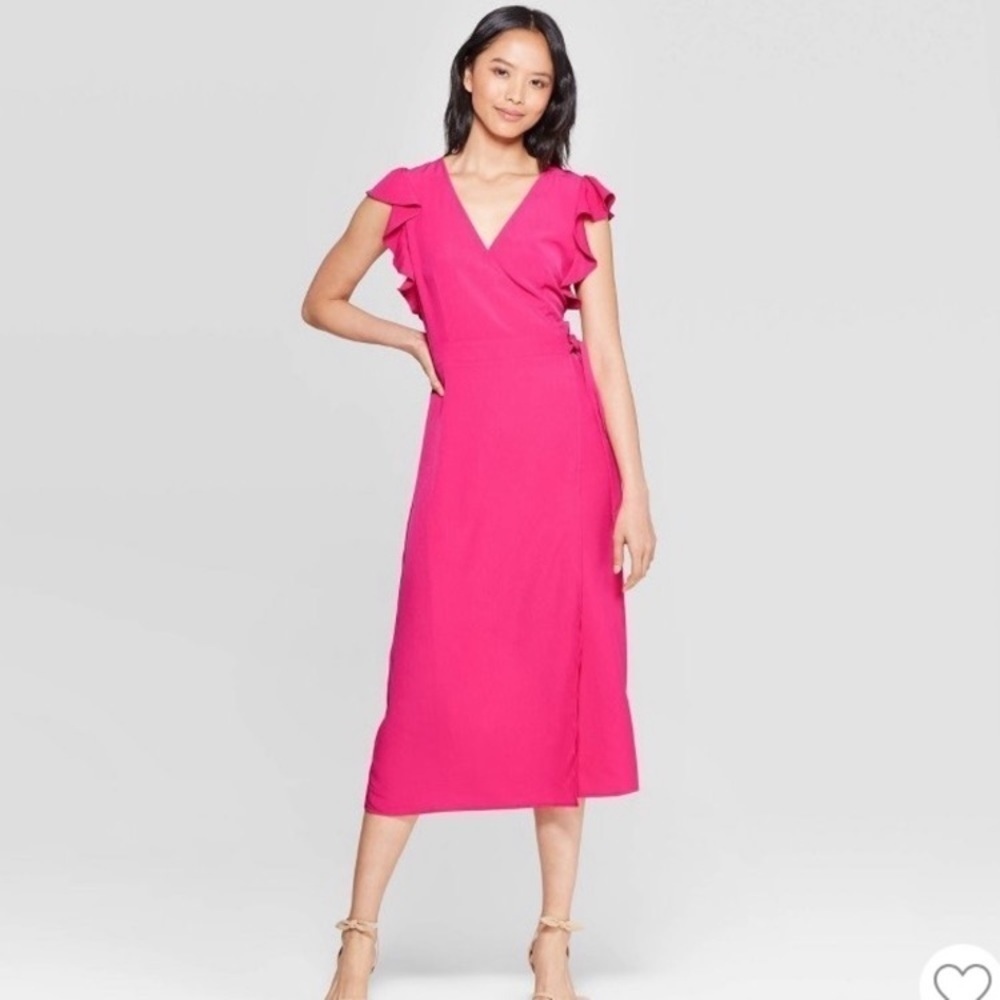 Who What Wear hot pink midi wrap‎ dress💕 ruffle sleeves romantic party